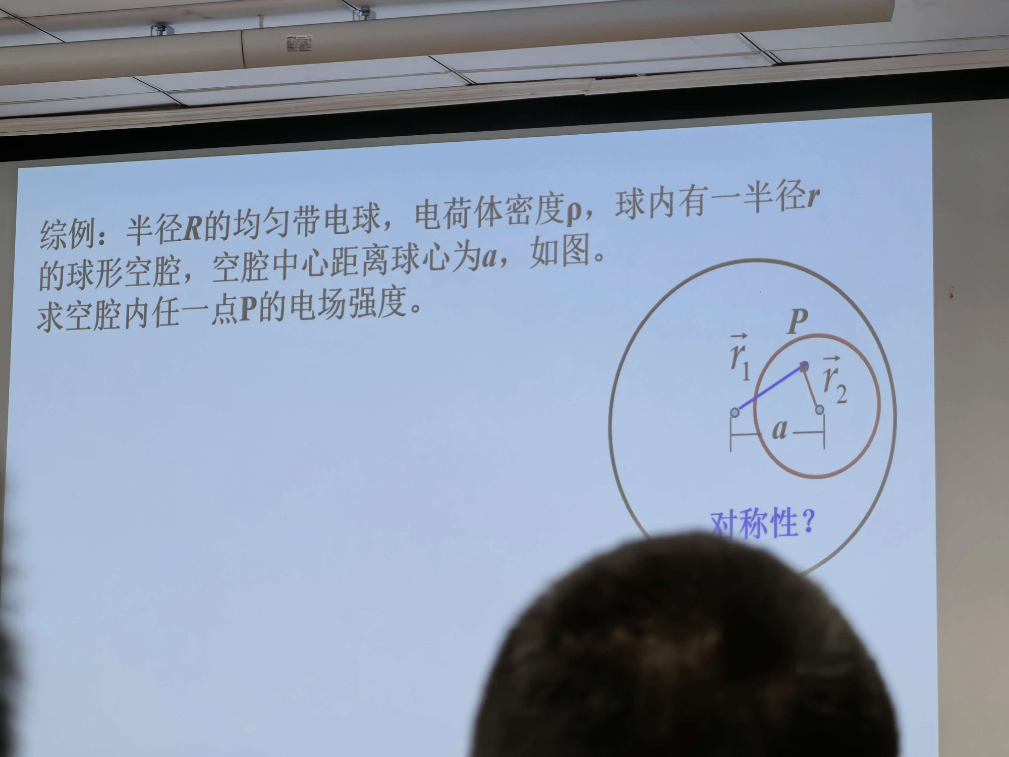 综例PPT：半径R的均匀带电球，电荷体密度ρ，球内有一半径r的球形空腔，空腔中心距球心为a，求空腔内任一点P的电场强度
