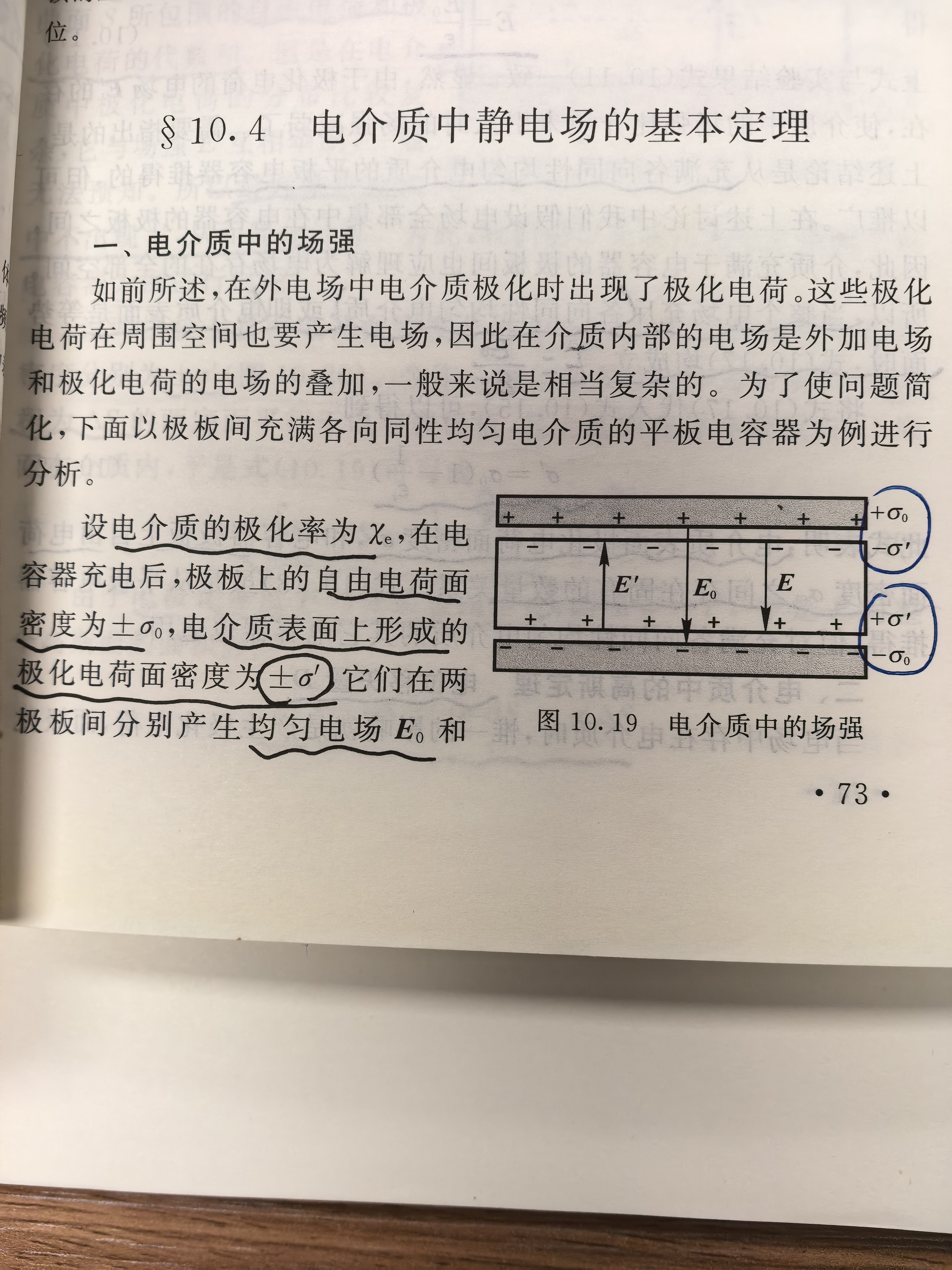 课本图10.19：电介质中的场强——平行板电容器极板自由电荷±σ₀，介质表面极化电荷∓σ′，介质内 E₀ 与 E′ 反向，合场为 E