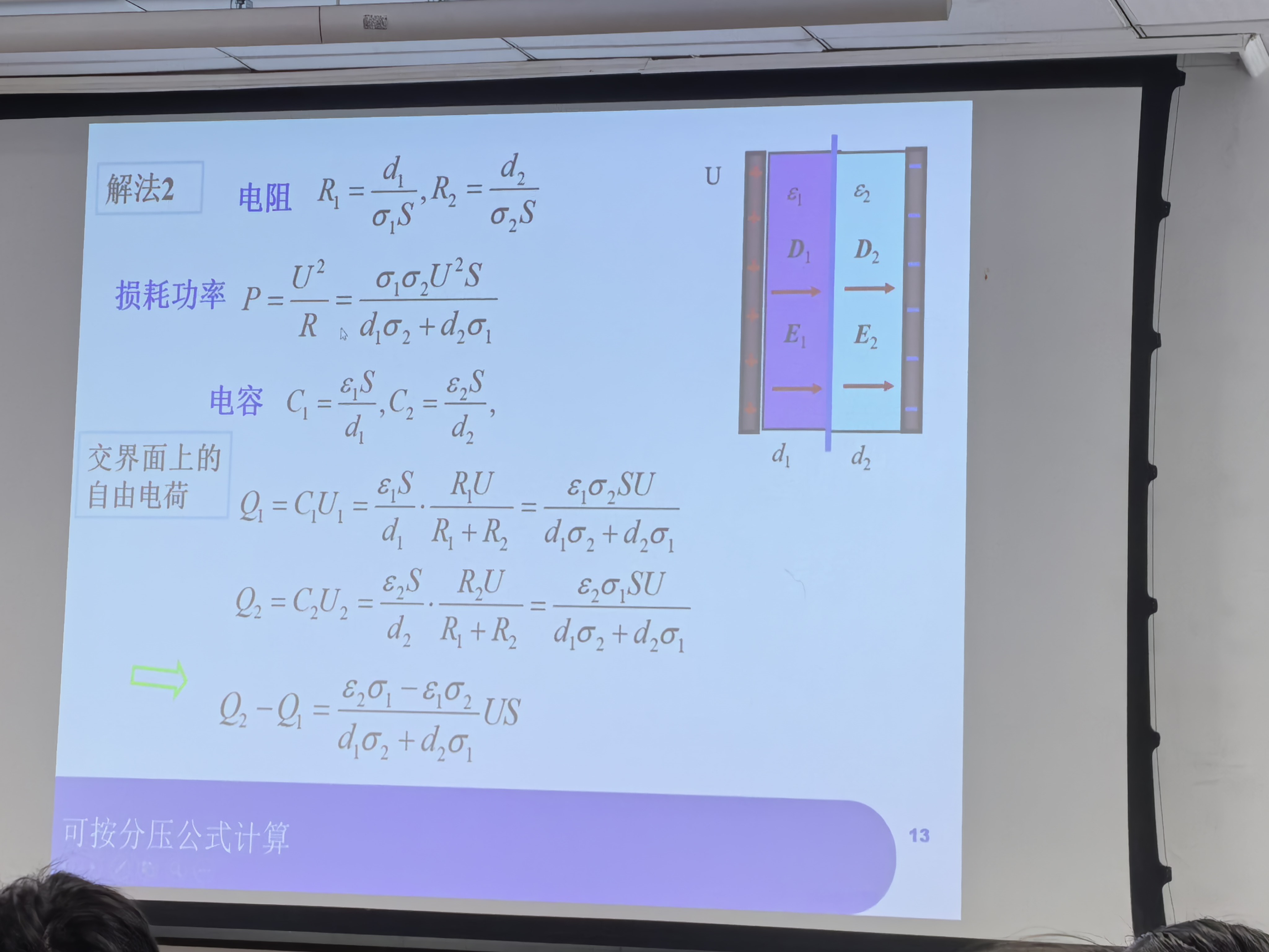 PPT 例 2：解法 2——等效电路法，按分压公式求 Q1、Q2，得 Q2−Q1 与解法 1 一致